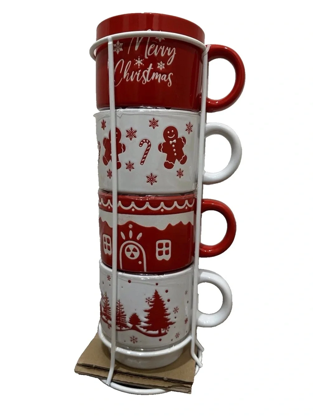 SIGNATURE HOUSEWARES S/4 HOLIDAY STONEWARE MUGS W/ WHITE WIRE TOWER STORAGE New